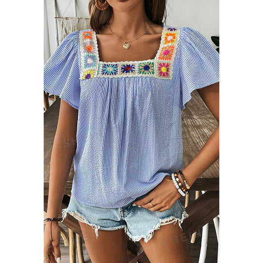 Summer Floral Stitching Square Collar Pullover Women Striped Short Sleeve T shirt Women