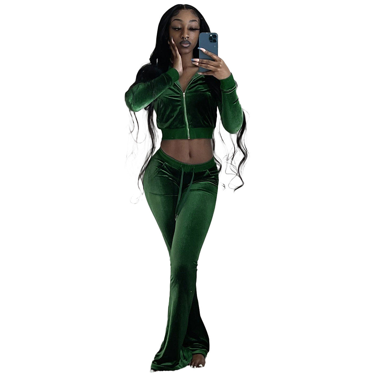Women Clothing Two-Piece Korean Velvet Solid Color Long Sleeve Sexy cropped Casual Sports Suit