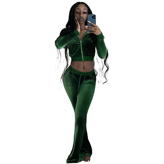 Women Clothing Two-Piece Korean Velvet Solid Color Long Sleeve Sexy cropped Casual Sports Suit