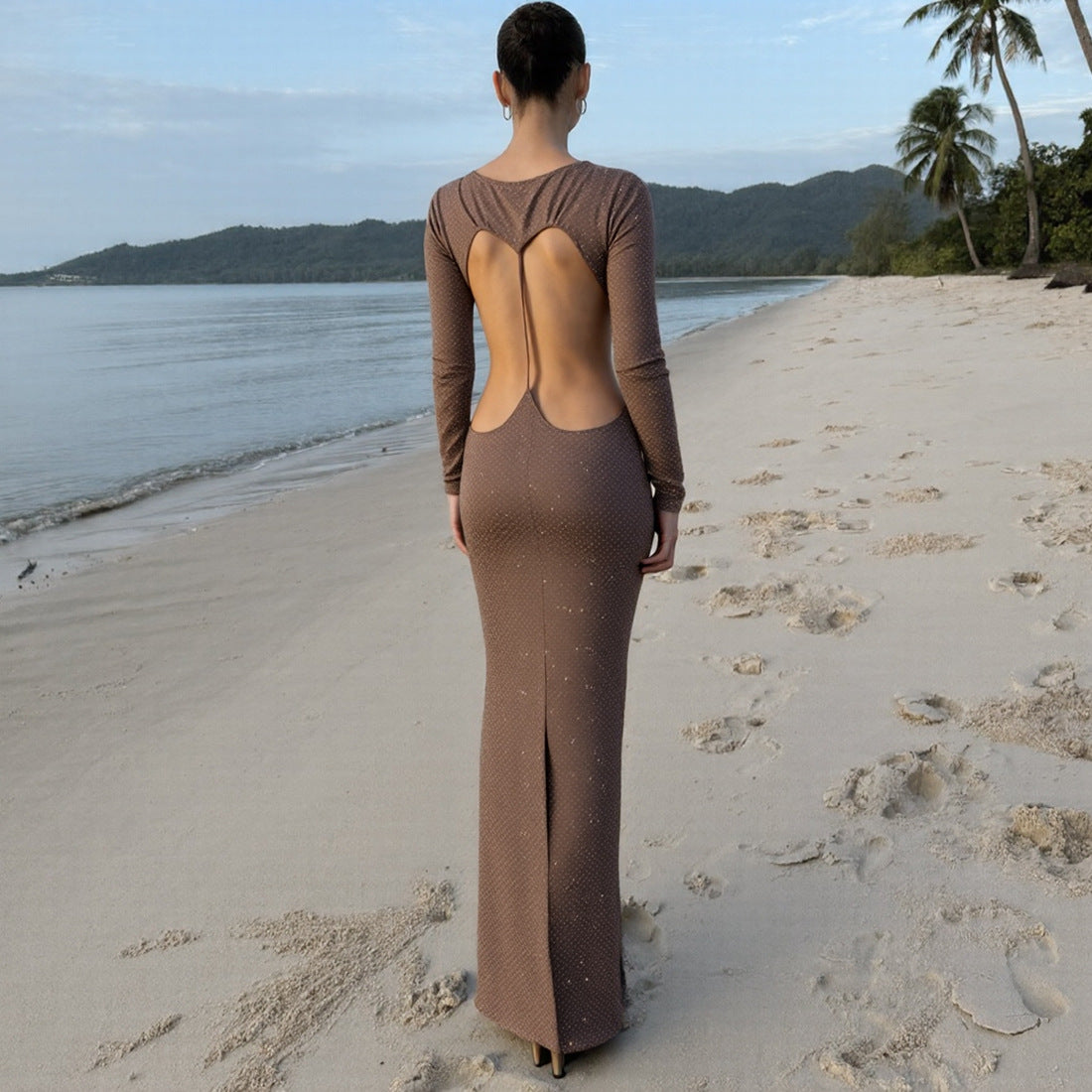 Autumn Winter Women Clothing Sexy round Neck Hollow Out Cutout Backless Slim Fit Long Sleeved Dress for Women