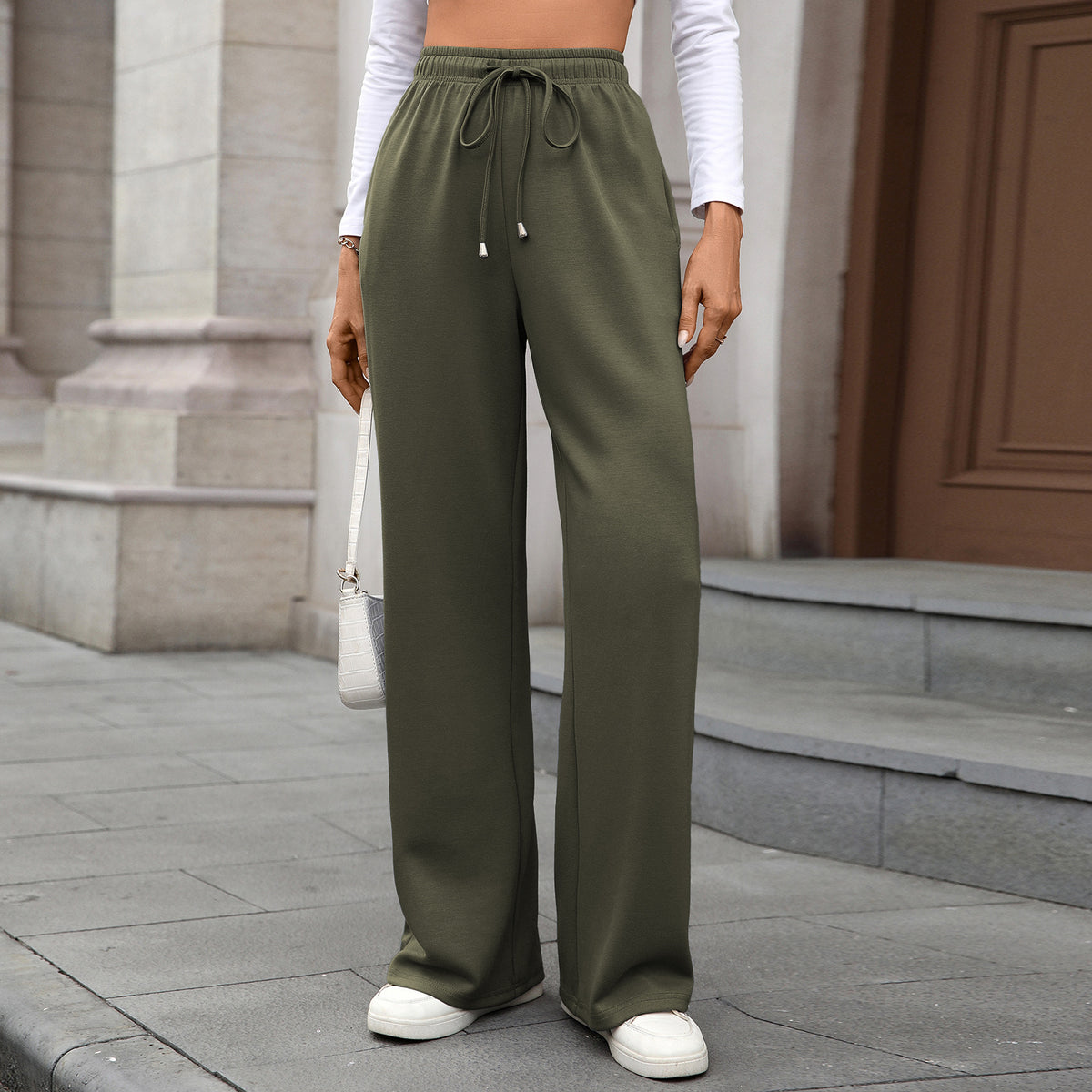 Autumn Winter Solid Color Elastic Waist Pocket Loose Straight Trousers Ladies