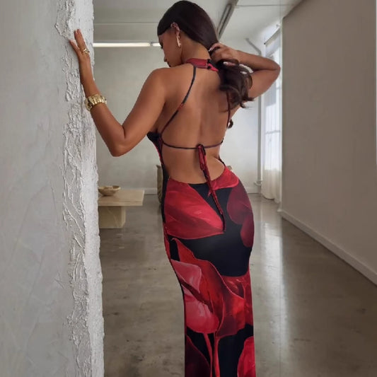 Summer Women Clothing Sexy Print Backless Slim Fit Tight Waist Hip Bag Dress