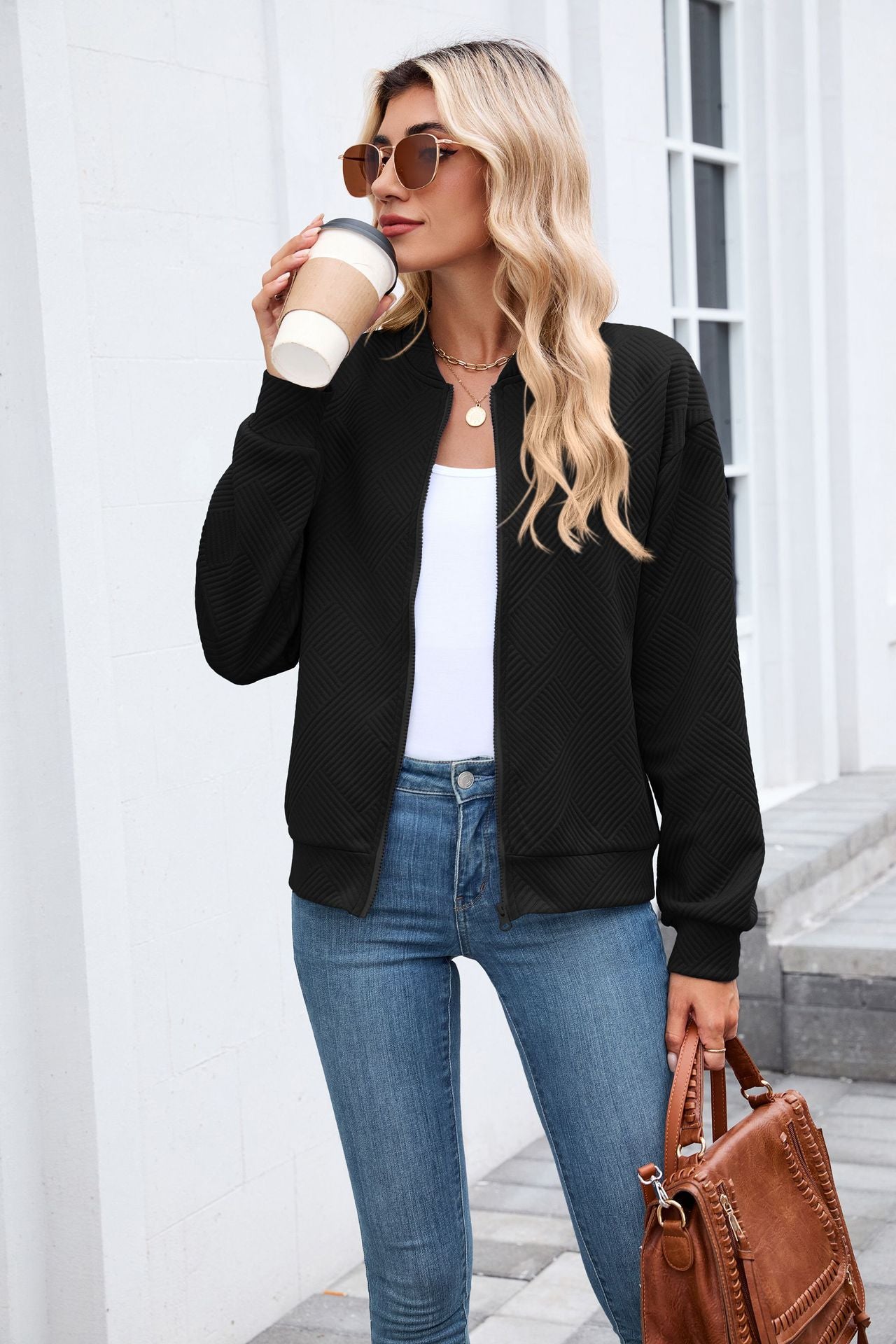 Autumn Winter Solid Color round Neck Loose Zip Long Sleeve Sweatshirt Varsity Jacket