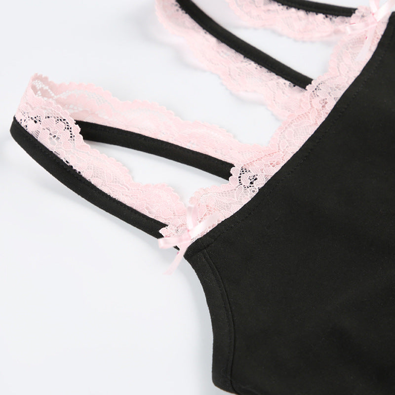 Contrast Color Lace Girl Sling Jumpsuit Summer Holiday Bow Stitching Square Collar Jumpsuit Shorts
