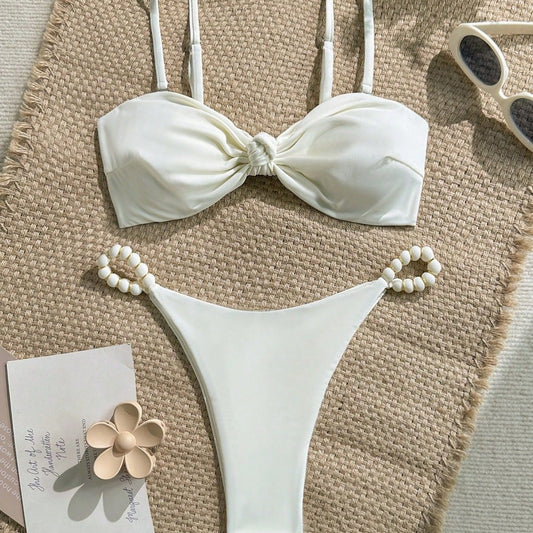 Fresh Bikini Solid Color Twist Tie Sexy Split Swimsuit Outfit