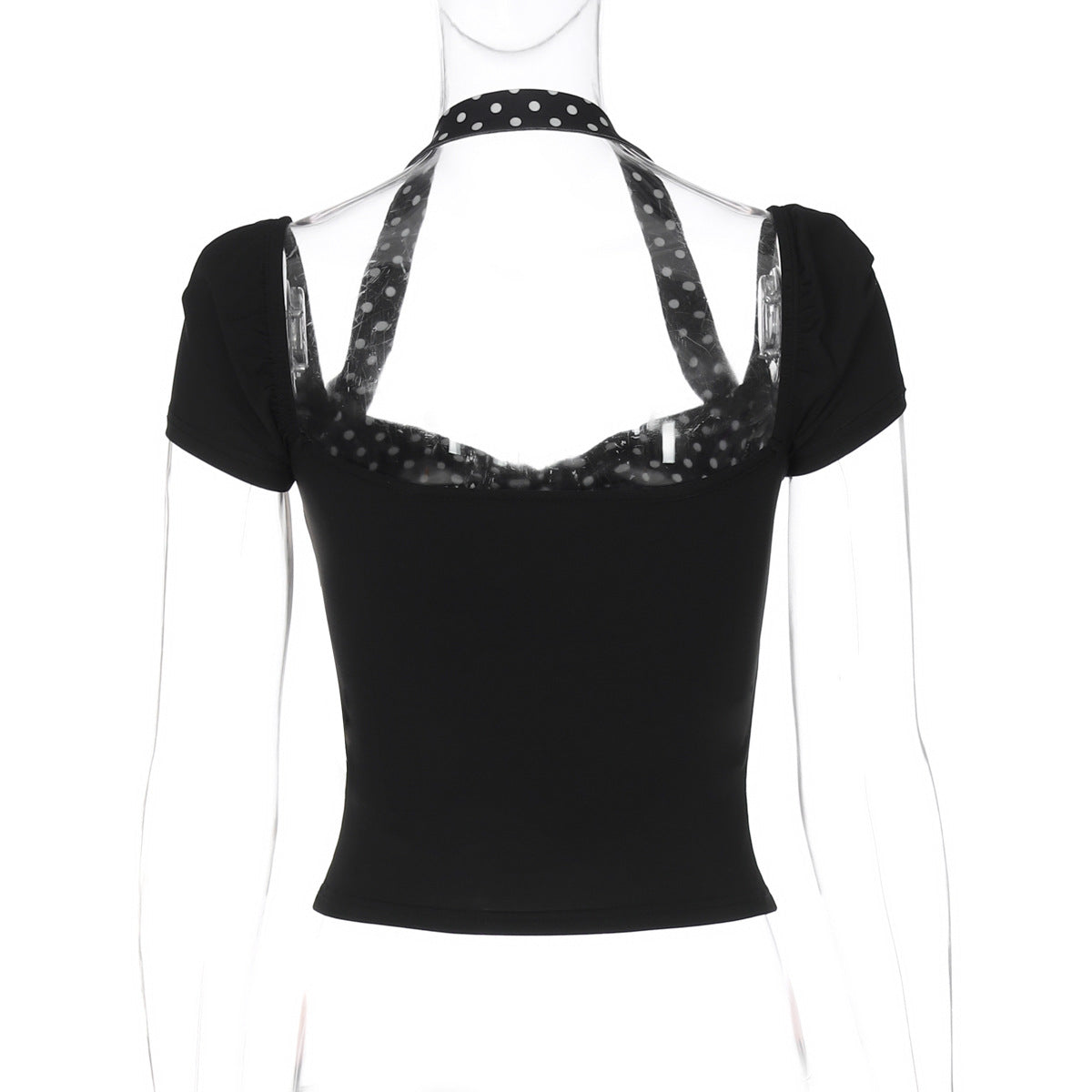 Women Clothing Spring Summer Halter Short Sleeve Backless Top Polka Dot Stitching T shirt Top