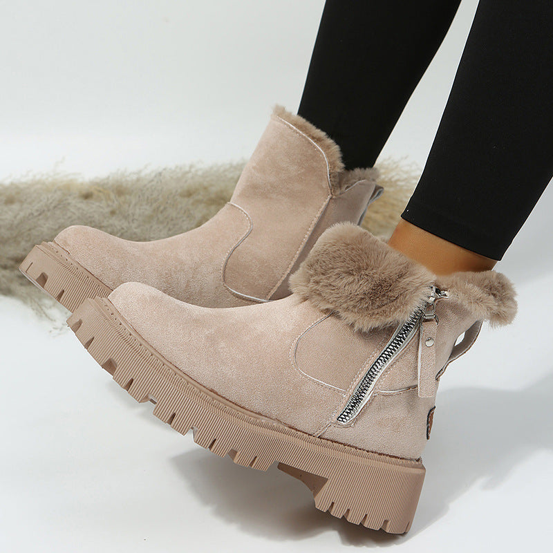 Winter Fleece Lined Short Fur Mouth Snow Boots Women Warm Side Zipper Suede Cotton Boots
