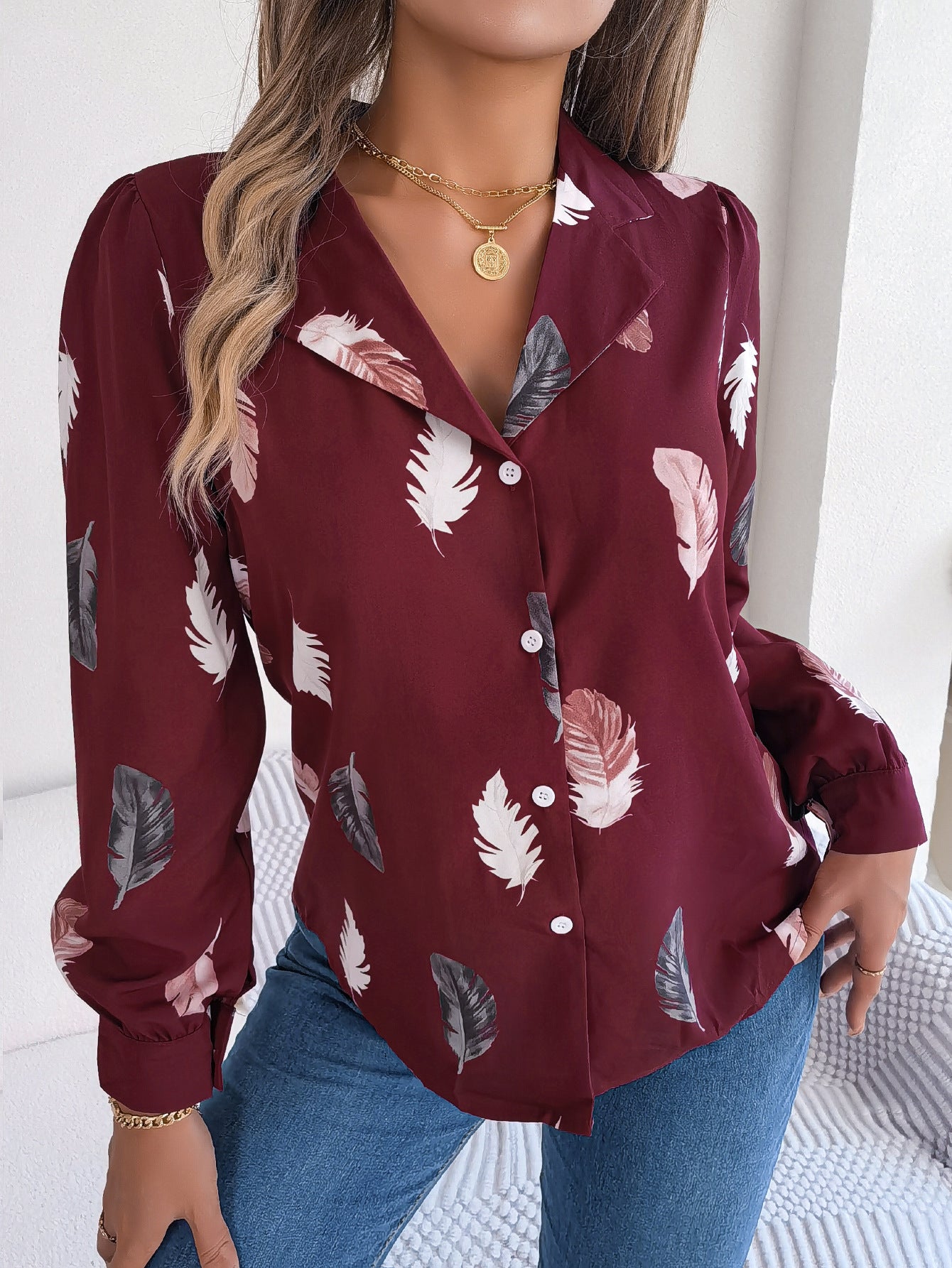 Autumn Winter Elegant Feather Printed Suit Collar Long Sleeve Shirt Women Clothing