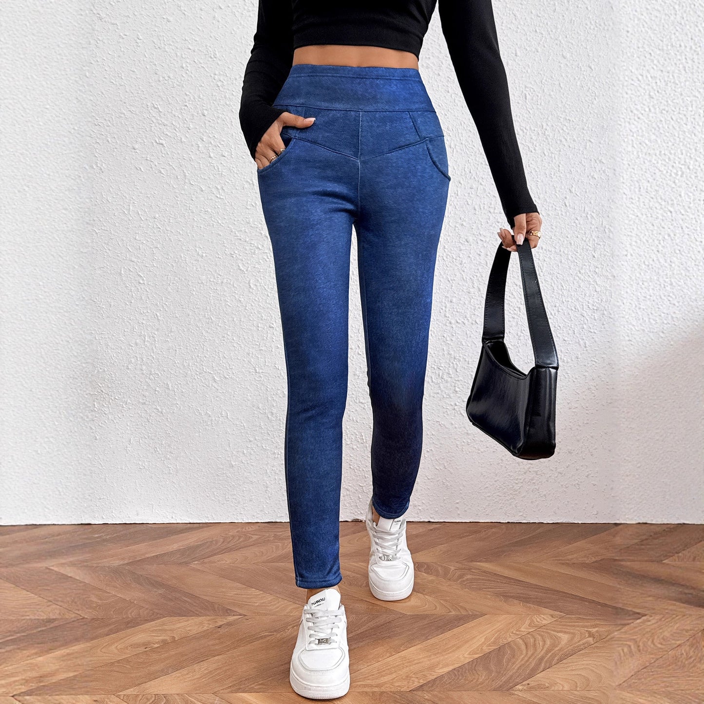 Artificial Denim Casual Pants Women High Waist Slimming Fleece Lined Padded Warm Keeping Hip Lifting with Pocket Commuting