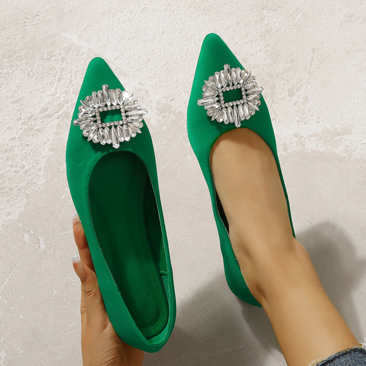 Flat Pumps Low Cut Women Pointed Toe Rhinestone Square Buckle Mary Jane Women Shoes Suede Loafers