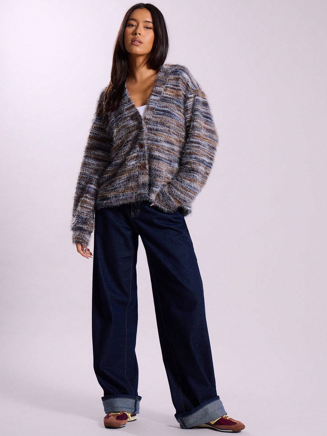 Retro Deep V Plunge neck Design Maillard Plush Long Sleeve Cardigan