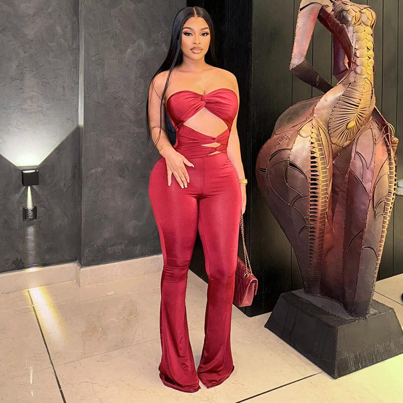 Women Clothing Autumn Solid Color Strapless Sleeveless Slim Hollow Out Cutout Backless Twisted Knot Jumpsuit