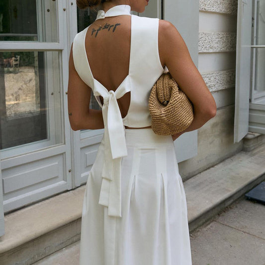 Women Clothing Summer Sexy Halter Sleeveless Lace up Backless Top Pleated Skirt Two Piece Sets