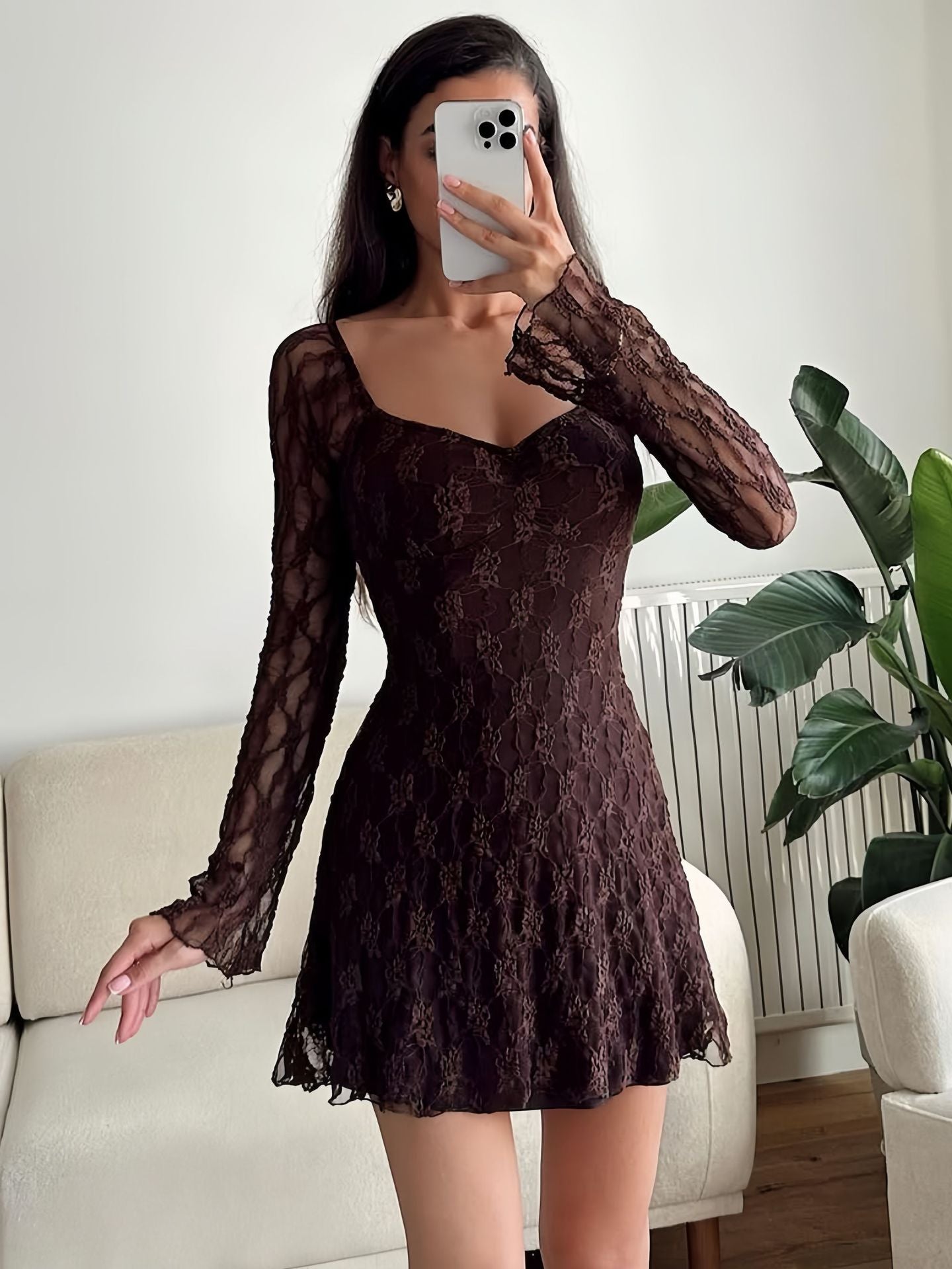 Women Clothing Autumn Winter Women Dress Sexy Square-Neck Lace Long Sleeve Slim Fit Sheath Dress Women