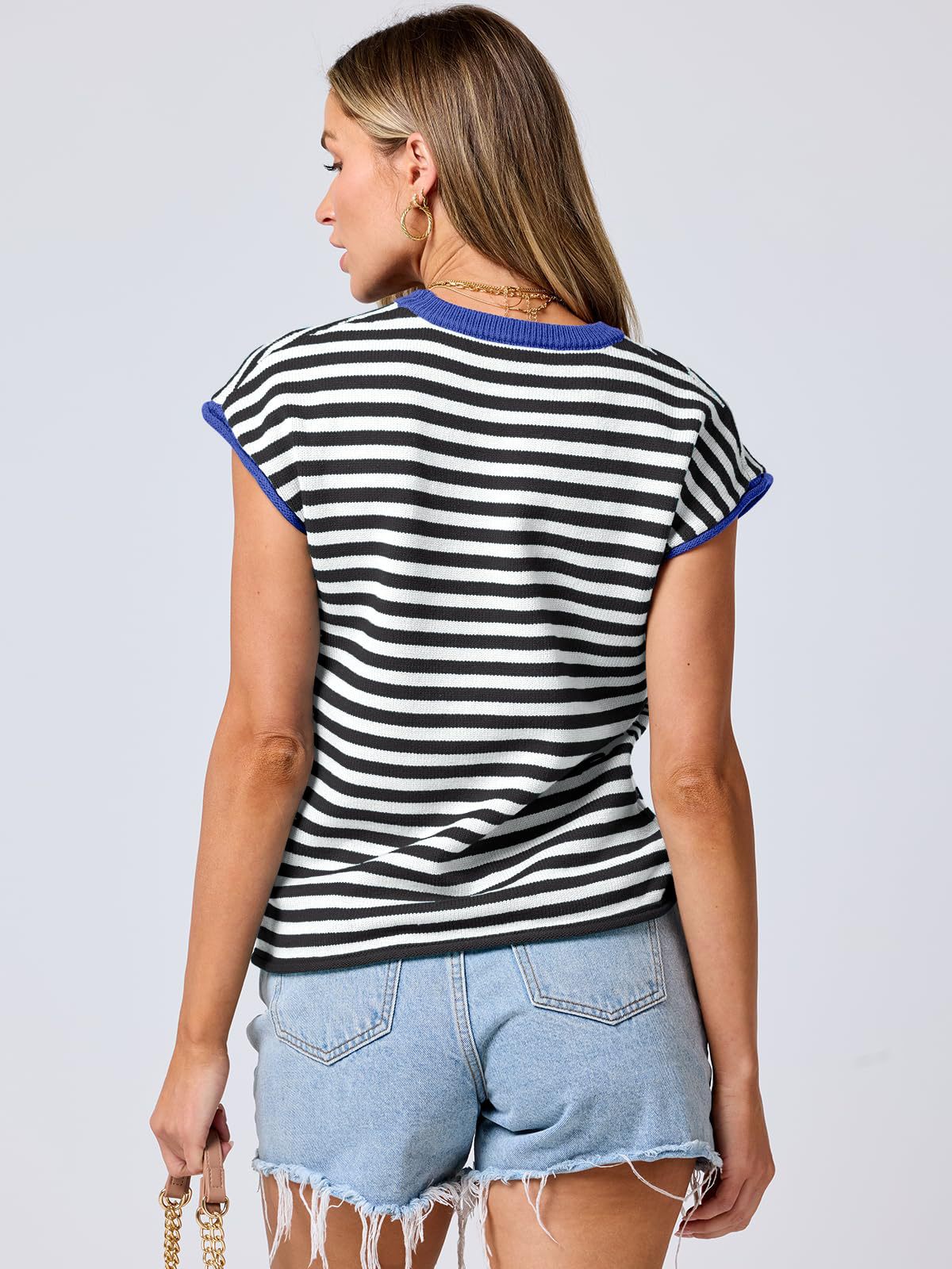 Women Clothing Summer round Neck Knitted Top Casual Striped Contrast Color Sweater