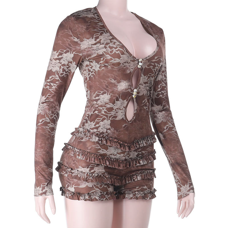 Autumn Winter Sexy Tight Deep V Plunge Long Sleeve Printing Romper