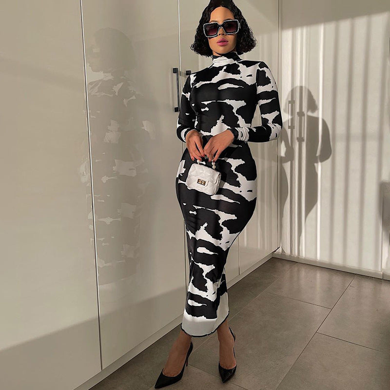 Women Clothing Spring Autumn Printed Turtleneck Long Sleeve Slim Slimming Dress