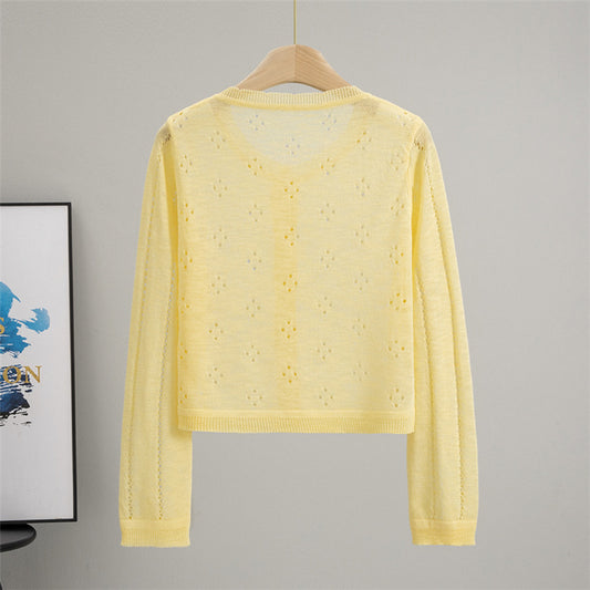 All Matching Hollow Out Cutout Sun Protection Short Knitted Cardigan Women Summer Figure Flattering Outerwear Top