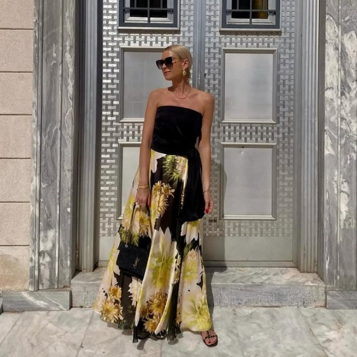 Women Summer Sexy Bandeau Top Printing Big Hem Skirt Set