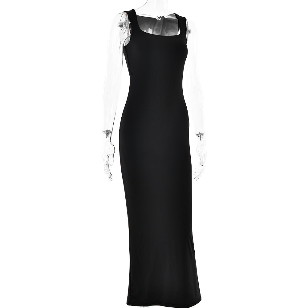 Square Collar Sleeveless Cold Shoulder Dress Sexy Slim Solid Color Dress Spring Summer