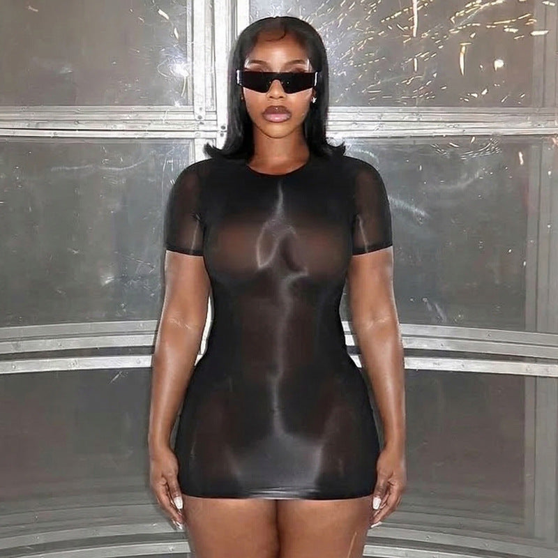 Women Clothing Summer Solid Color Sexy See through round Neck Short Sleeve Slim Fitting Basic Dress