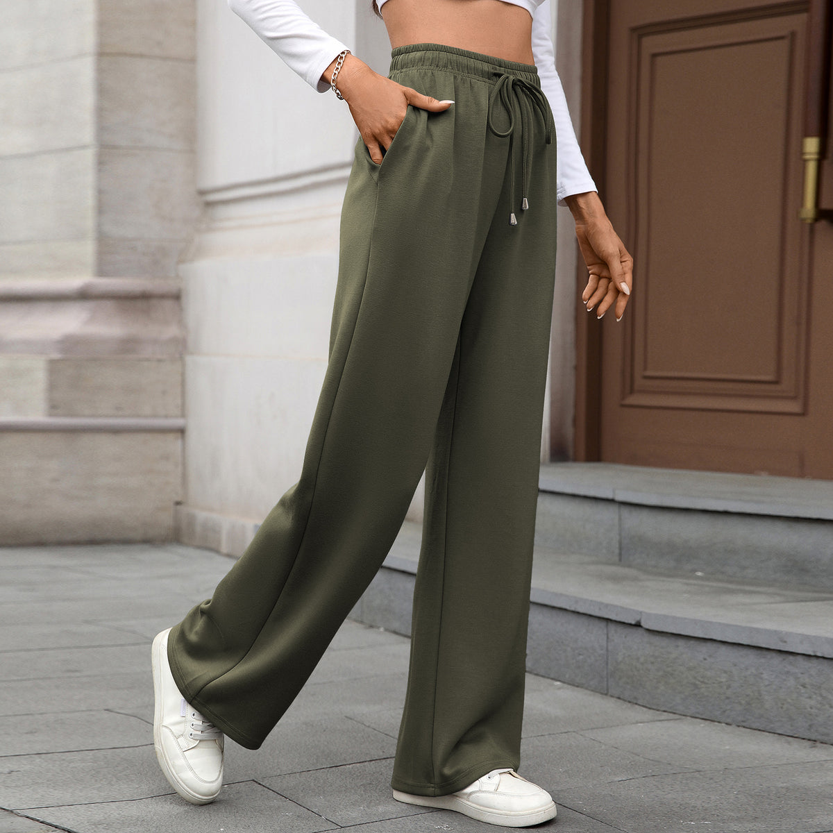 Autumn Winter Solid Color Elastic Waist Pocket Loose Straight Trousers Ladies
