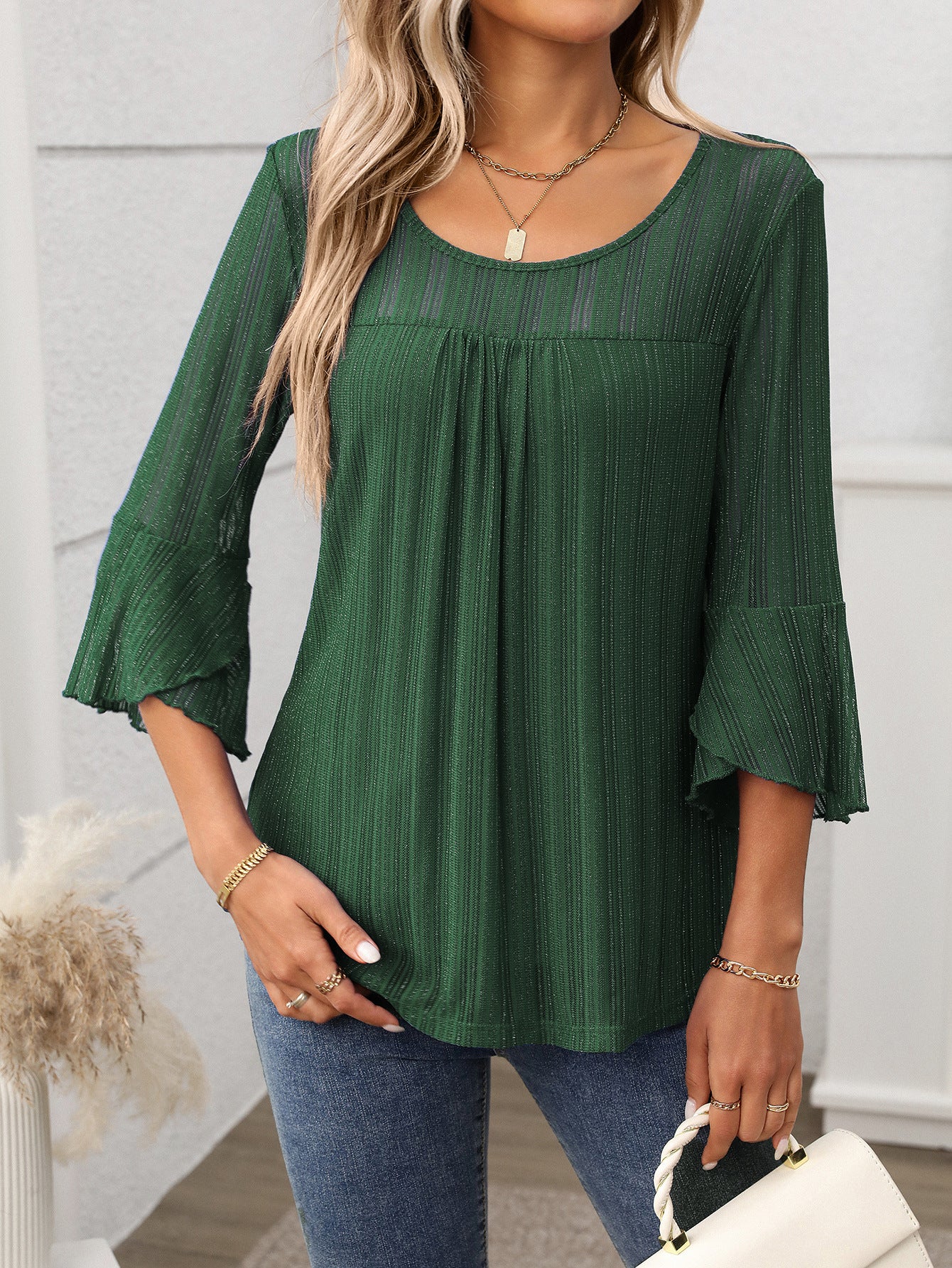 Women Clothing Elegant round Neck Ruffle Sleeve Shiny Mesh Top