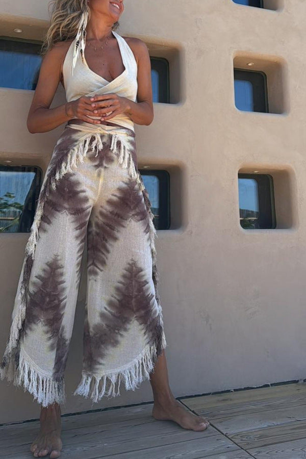 Printed Vest Tassel Cropped Pants Coat Three Piece Suit