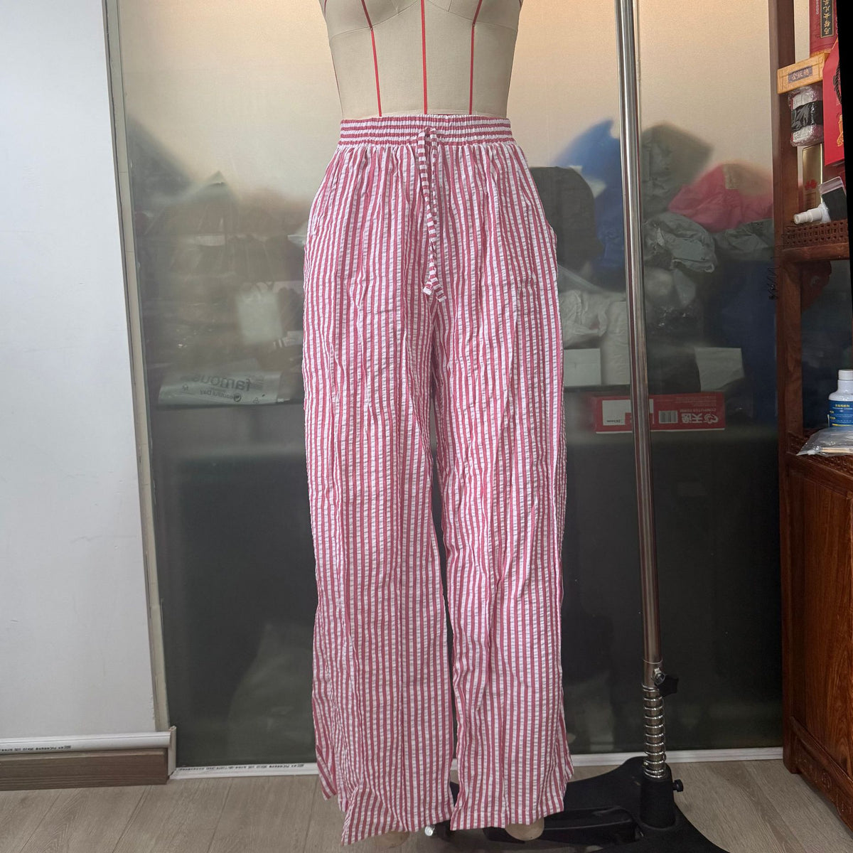 Thin Striped Printed Women Casual Pants Summer Drawstring Straight Loose Wide Leg Mop Pants