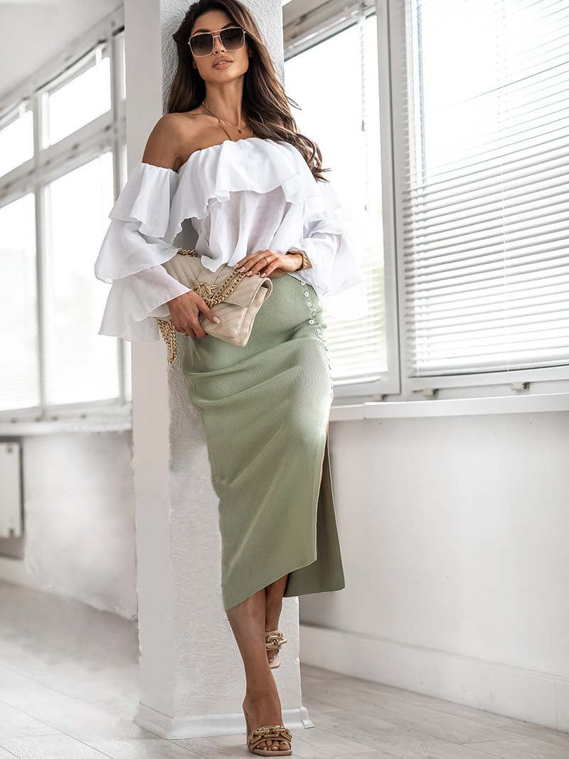 Summer Women Clothing Sunken Stripe Rib Split Button Skirt