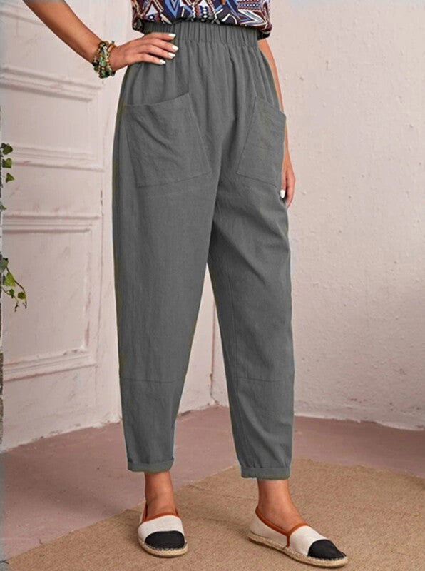 Four Seasons Cotton Linen Cropped Pants Elastic Waist Casual Pants Diagonal Pocket Skinny Pants Women
