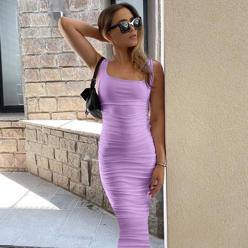 Summer Sexy Women Wear Solid Color Tight Backless Sleeveless Pleated Dress