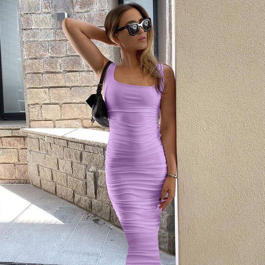 Summer Sexy Women Wear Solid Color Tight Backless Sleeveless Pleated Dress