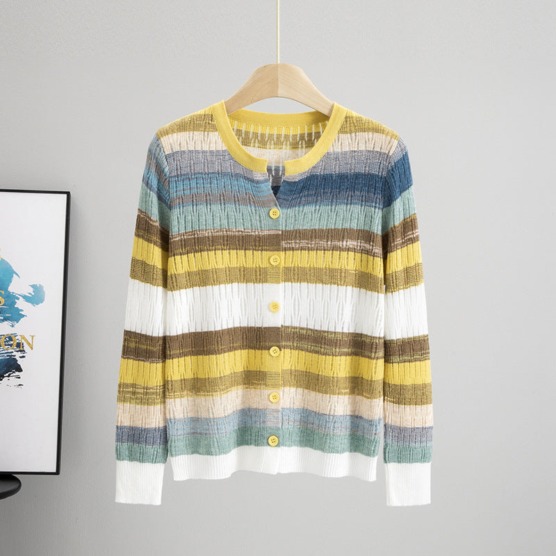Round Neck Contrast Color Top Women Striped Long Sleeved Coat Autumn Casual Loose Knitted Cardigan