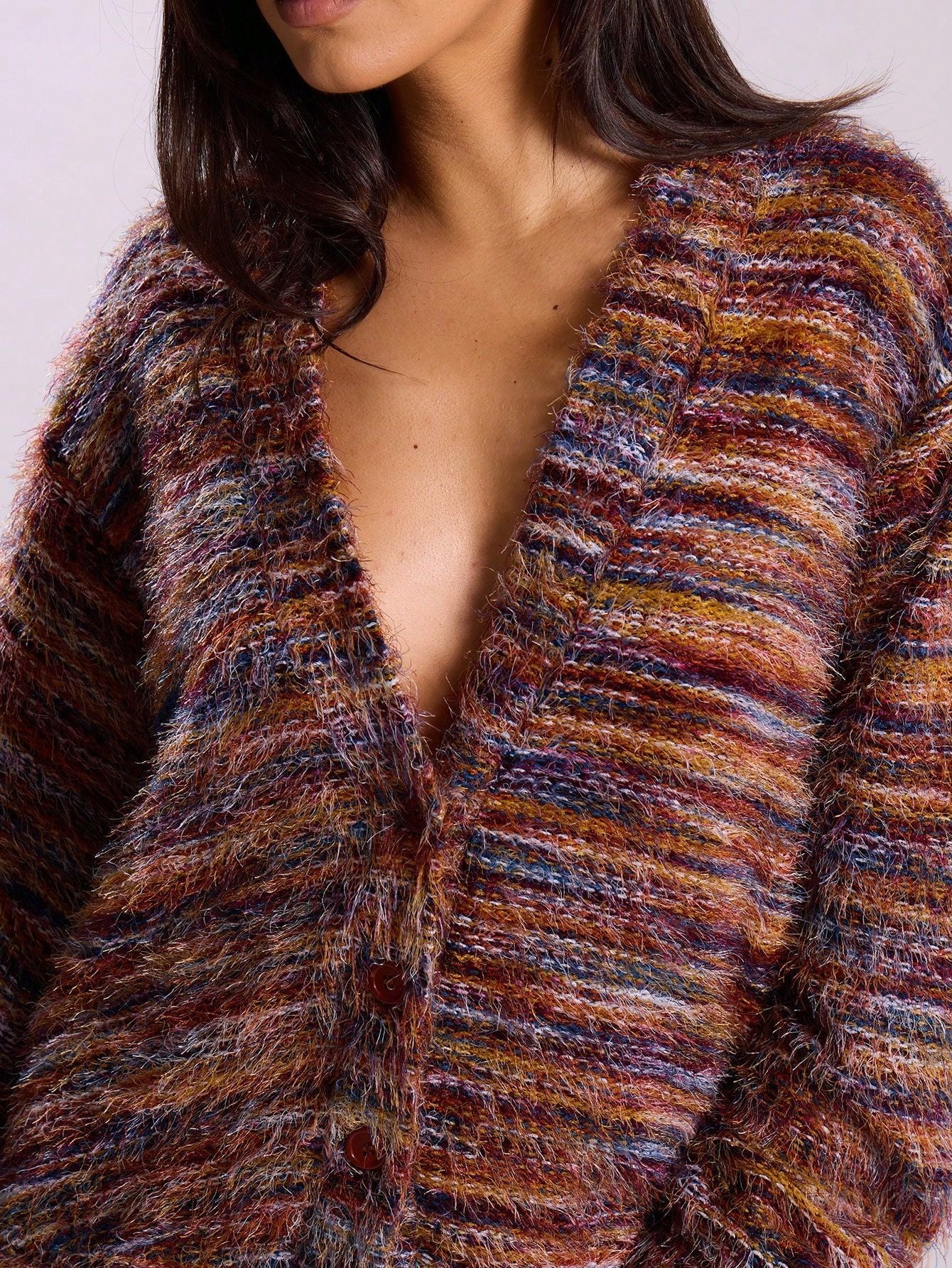 Retro Deep V Plunge neck Design Maillard Plush Long Sleeve Cardigan
