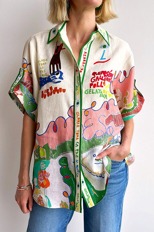 Personalized Graffiti Printing Linen Single Row Multi Buckle Shirt