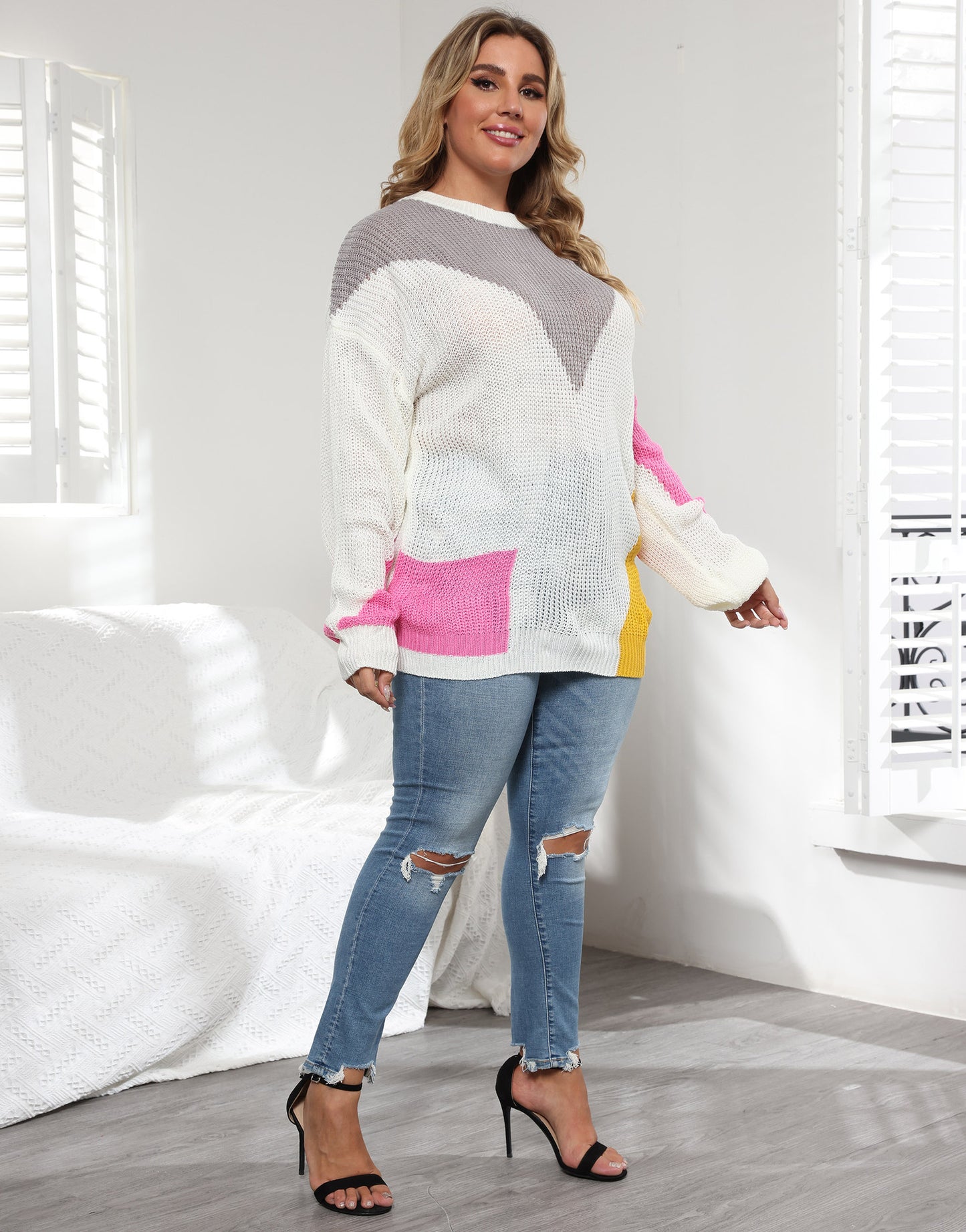 Plus Size Women Clothes Color Contrast Patchwork Loose Casual Pullover Sweater