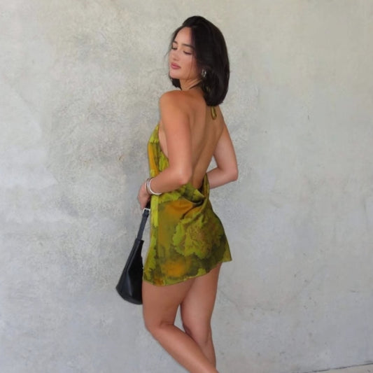 Women Clothing Spring Summer Sexy Hollow Out Cutout Backless Lace Printing Hip Dress