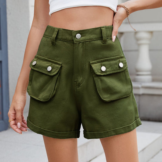 Women Clothing Summer Casual Three Dimensional Workwear with Pocket Shorts Denim Shorts