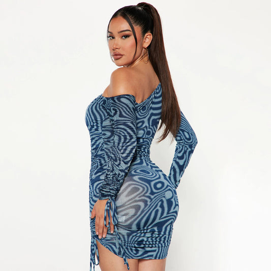 Arrival Women Clothing Floral Print Drawstring Ruffle Lace up Drawstring Long Sleeve Slant Shoulder Tight Dress