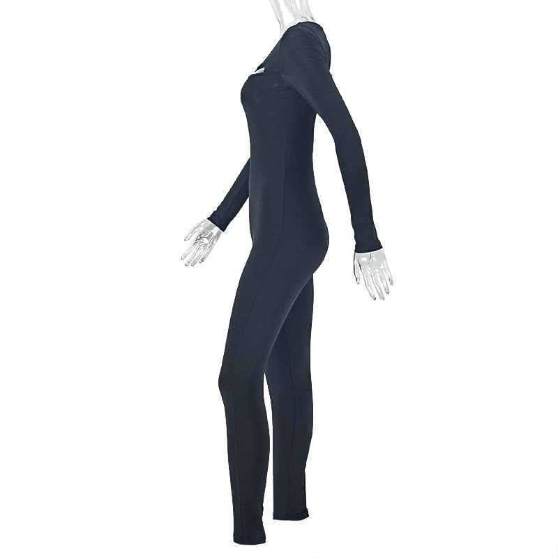 Women Wear Solid Color Hollow Out Cutout Metal Ring Jumpsuit Design Sports Sheath Tight Jumpsuit