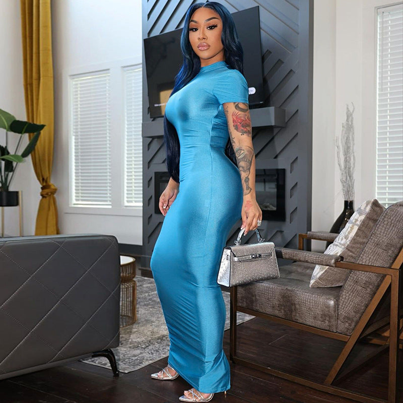 Women Clothing Hip Summer Solid Color Sexy Short Sleeve Split Dress