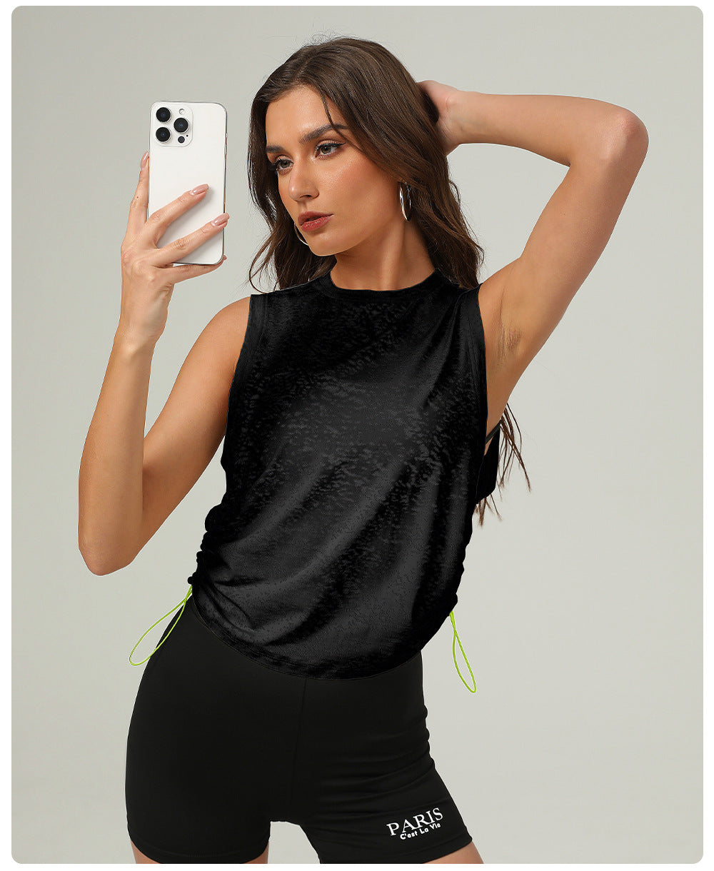 Breathable Yoga Exercise Vest Women Summer Loose round Neck Sleeveless Sports Top Drawstring at Hem Jacquard Blouse