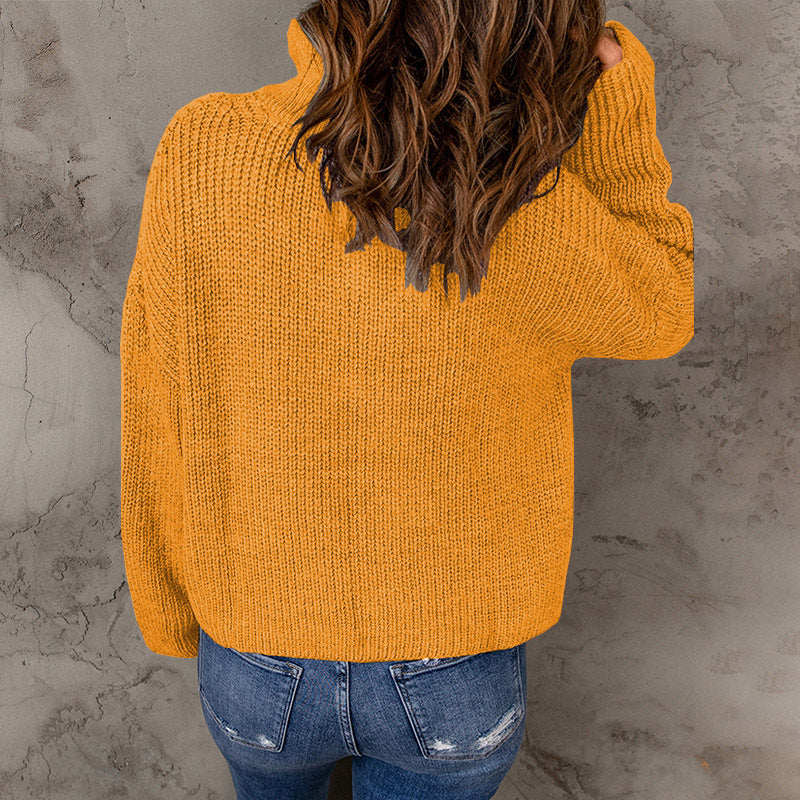 Half Open Collar Long Sleeved Top Women Autumn Winter Solid Color Loose High Collar Sunken Stripe Pullover Sweater