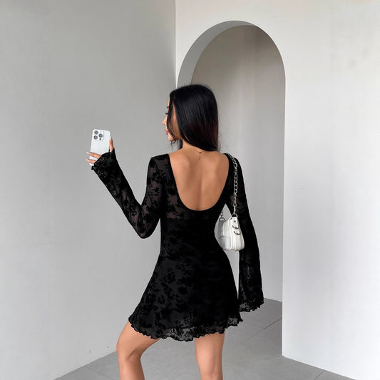 Fall Dress Flocking Long Sleeve Floral Hollow Out Cutout Bow Women Clothing