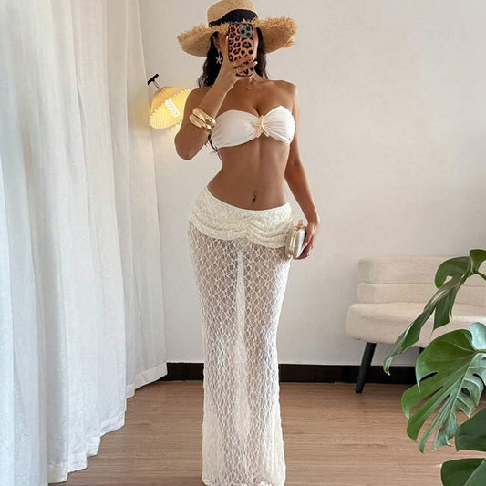 Summer Women Clothing Solid Color Sexy Lace up Tube Top Lace Maxi Skirt Two Piece Set for Women
