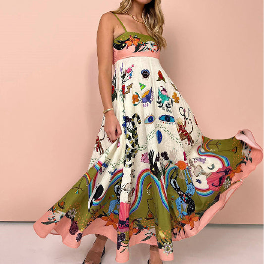 Sexy Women Clothing Cotton Linen Sleeveless Graffiti Printing Sleeveless Swing Dress Amplified craft