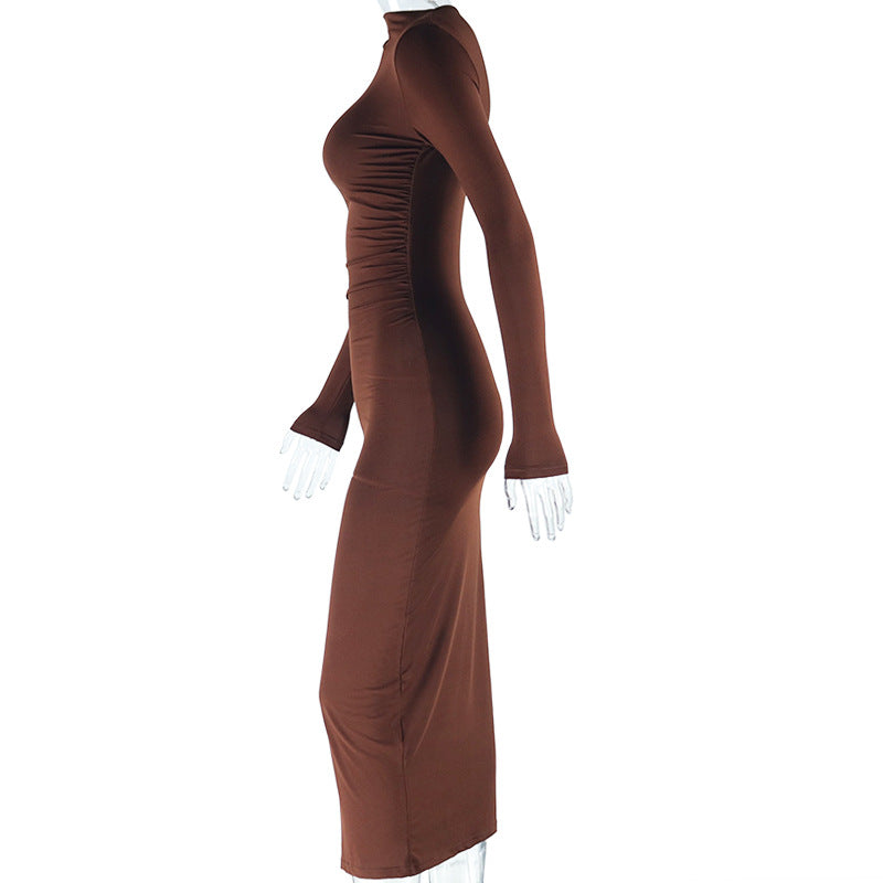 Women Clothing Solid Color round Neck Long Sleeve Pullover Street One Step Dress Dress Dress One Piece