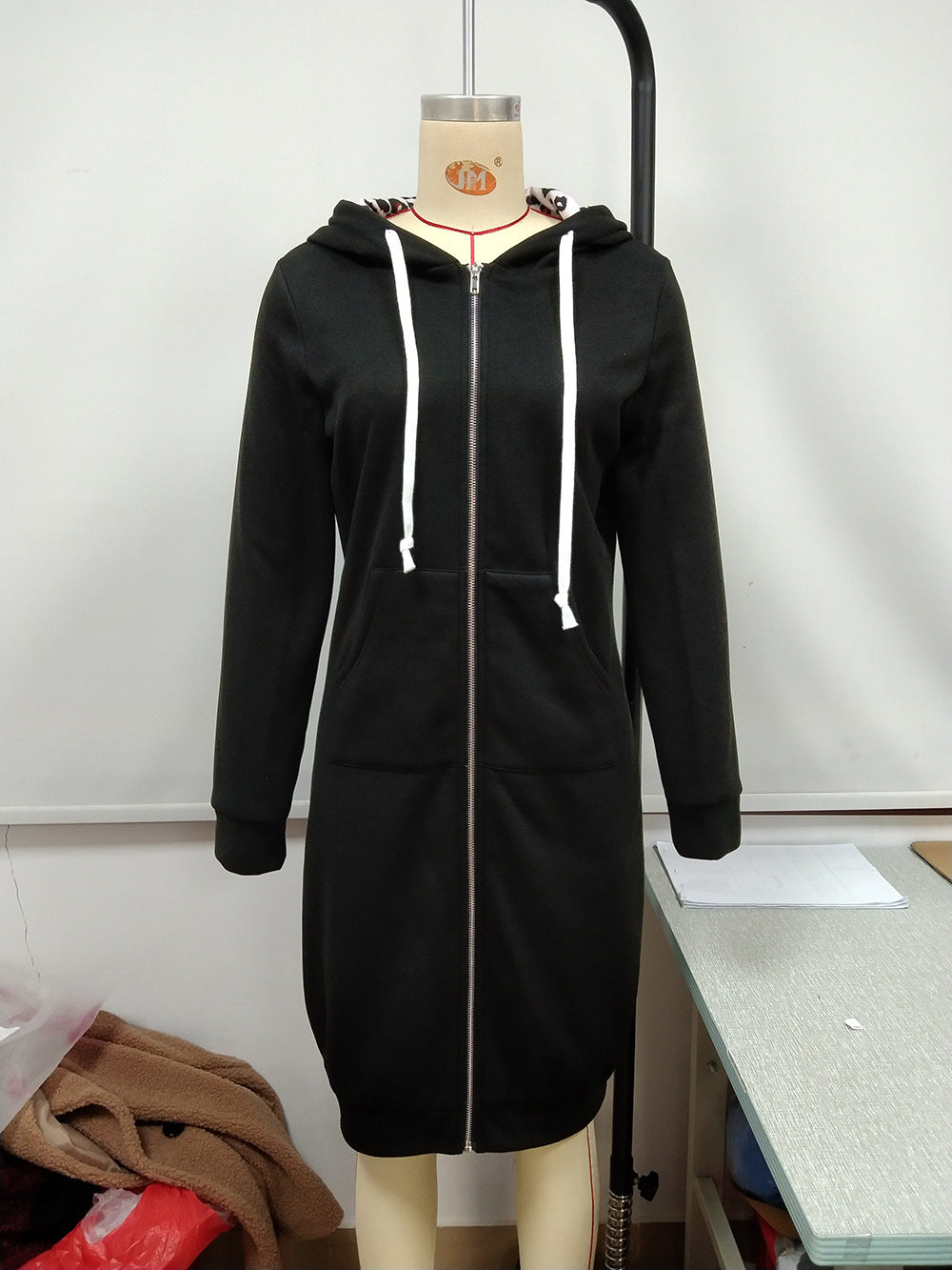 Loose Casual Leopard Print Colorblock Mid Length Hooded Sweatshirt Cardigan Top Women