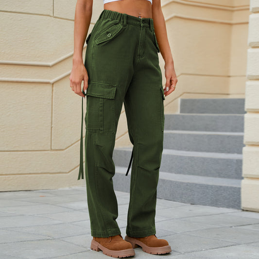 Women Spring Summer Washed Cargo Pants Ribbon Jeans Casual Trousers